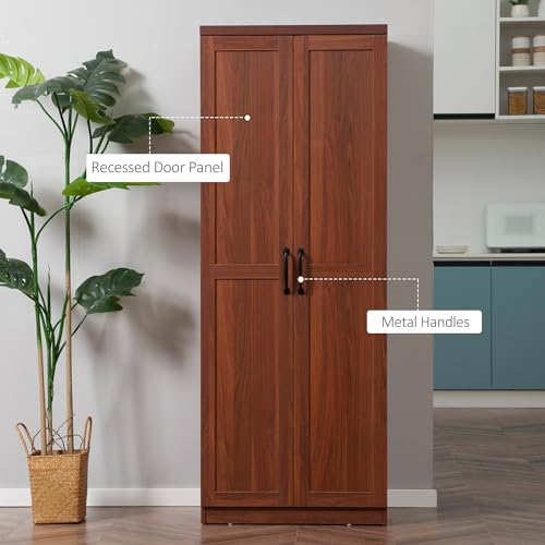 HOMCOM 63" 2-Door Kitchen Pantry 5-Tier Brown | Freestanding Storage Cabinet, Shelving, 2 Adjustable Shelves, for Dining Room - color: Brown