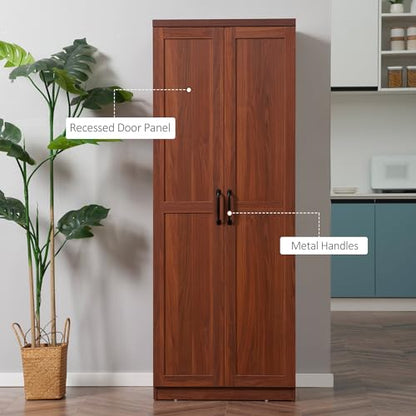HOMCOM 63" 2-Door Kitchen Pantry 5-Tier Brown | Freestanding Storage Cabinet, Shelving, 2 Adjustable Shelves, for Dining Room - color: Brown