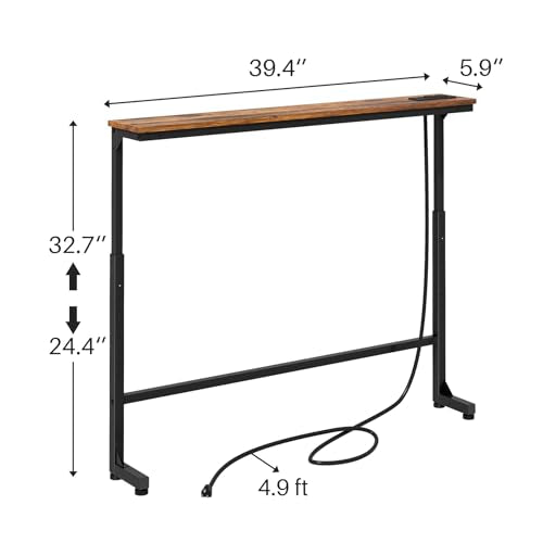 Kitstorack Narrow Console Table Behind Sofa Couch, Design with Adjustable Height (25"-33") & Power Outlets, Small Entryway Table - 5.9" D x39.4 L, Rustic Brown - color: Rustic Brown, size: 5.99"Deep