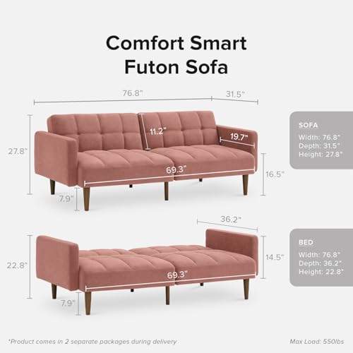 mopio 76.4" Futon Sofa Bed Tufted Styled, Sleeper Couch (Old Rosa, Velvet) | A textured seat folds flat for sleepovers; snug proportions slip into lofts and small lounges. - color: Old Rosa, Velvet