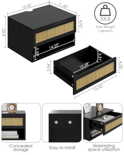 Modern Floating Nightstand with Drawer, Wall Mount Shelves, Black Rattan | Small Space Saver, Modern Minimalist Design, Wall Mounted Shelves, for Bedroom, Bathroom, Living room, Easy Assembly, Rattan - color: Black Rattan