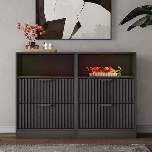 Fluted Nightstand Set of 2, LED Nightstand with Charging Station, Wood Nightstands with 2 Drawers & Metal Handles, Modern Bedside Table & End Tables, Farmhouse Night Stands for Bedroom, Black - color: Black, style: LED 2 Drawers-2 PCS