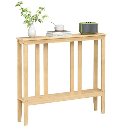 ELYKEN Bamboo 2-Tier Narrow Console Table, 36.2" Long Slim Hallway Table | Sofa Table Behind Couch with Storage Shelf for Entryway, Living Room, Foyer - color: Natural