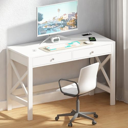 ChooChoo 40 Inches Farmhouse Computer Desk with 2 Drawers & Power Outlets | Wooden Writing Desk, Study Desk for Home Office, Makeup Vanity, White - color: White, size: 40inch with Power Outlet