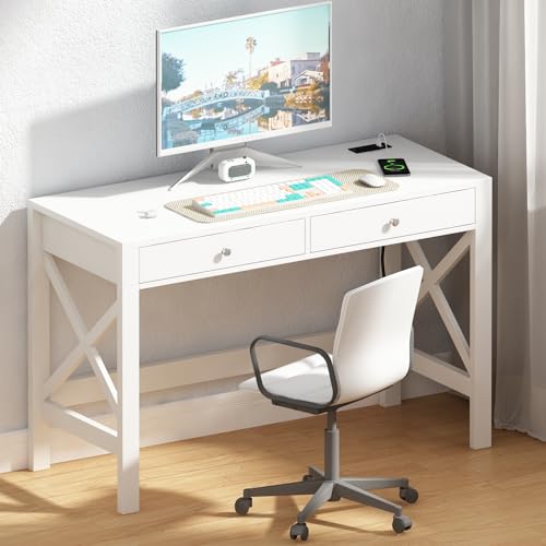 ChooChoo 40 Inches Farmhouse Computer Desk with 2 Drawers & Power Outlets | Wooden Writing Desk, Study Desk for Home Office, Makeup Vanity, White - color: White, size: 40inch with Power Outlet
