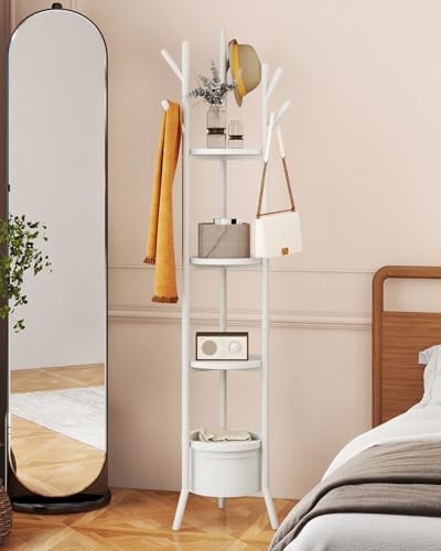 YMYNY Coat Rack, Freestanding Coat Stand with Storage Shelves, Hall Trees with 3 Wooden Shelves and 1 Fabric Basket, Metal Clothes Stand for Hats Bags Hallway Bedroom White UHGR005W - color: White