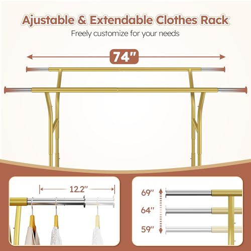 Raybee 74" W Clothes Rack 630 LBS Heavy Duty Double Rods Adjustable Size | 2 Shelves 2 Rods, Industrial Stainless Steel, 360°Lockable Wheels, 15-Min Tool-free Assembly, Bedroom Closet Living Room - color: Gold