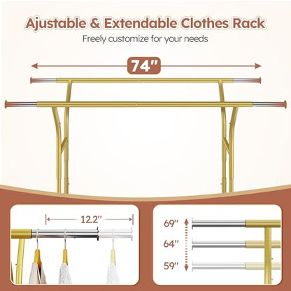 Raybee 74" W Clothes Rack 630 LBS Heavy Duty Double Rods Adjustable Size | 2 Shelves 2 Rods, Industrial Stainless Steel, 360°Lockable Wheels, 15-Min Tool-free Assembly, Bedroom Closet Living Room - color: Gold