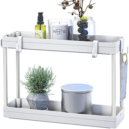 Simple Houseware 2-Tier Under Sink Organizer Storage Tray with Hooks, White - color: White