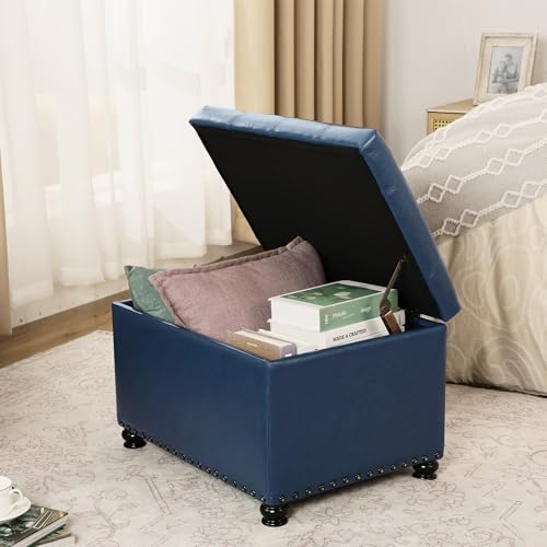 Faux Leather Storage Ottoman Bench Rectangle 24 Inch Foot Rest Ottomans - color: Blue Faux Leather