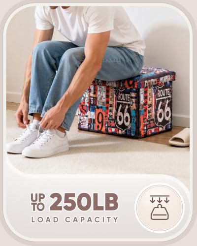 B FSOBEIIALEO Route 66 Storage Ottoman Bench, Faux Leather Foot Rest Seat for Living Room, Storage Organizer 16.54"x12.6"x12.6" - size: 16.54*12.6*12.6 inches