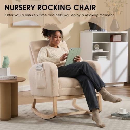 Rocking Chair Nursing, Rocker Chair with Footrest (Beige) | Teddy Boucle Upholstered Accent Reading Chair with High Back & Side Pocket for Living Room Bedroom Nursery Office - color: Beige