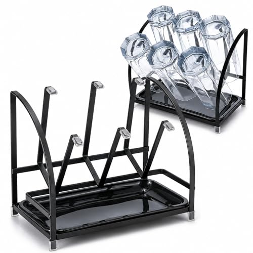 RHBLME 2 Packs Glass Drying Rack, Vertical Bottle Drying Rack Glass Bottle Holder with Drain Tray, Silicone Protective Hooks, Carbon Steel Non Slip Cup Mug Organizer for Glass Coffee Mug Countertop