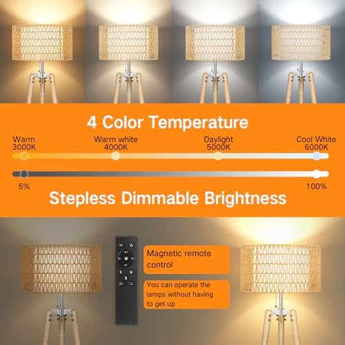 OUTON Boho Rattan Tripod Floor Lamp with Shelves, Dimmable Mid Century Modern Standing Lamp with Remote Control,Wood Tall Floor Lamps for Living Room Bedroom Office Farmhouse Bulb Included - color: Wood