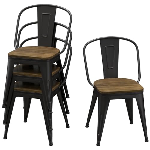 18 Inch Dining Chairs Set of 4, Farmhouse Metal Chairs with High Back and Wooden Seat, Stackable Industrial Bar stools for Dining Room(Black) - color: Black