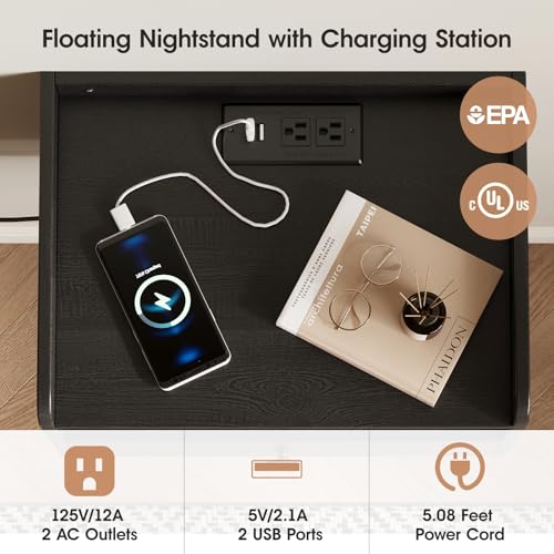 Floating Nightstand Set of 2 Modern Night Stands with Drawer and Open Shelf | Cubby Small Bedside End Table with Charging Station Wall Mounted Nightstands Set 2 for Bedroom Black - color: Black