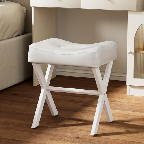 18-Inch Leather Vanity Stool Chair, White Makeup Stool | Vanity Bench, Metal X-Leg, Ottoman Accent Stool, Thick Padded Saddle Seat, 300 LBS, 16.3"x12.4"x18", For Living Room, Bedroom - size: Small, style: White Leather