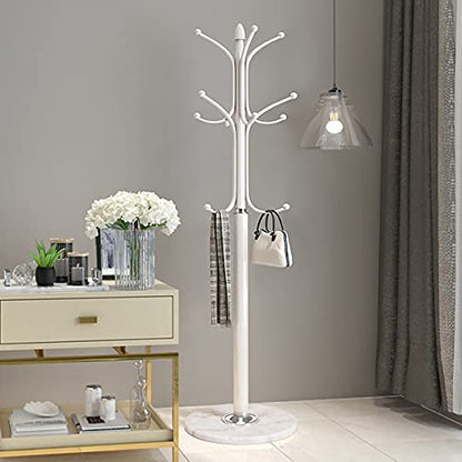 Kertnic Freestanding Coat Rack Stand, Heavy Duty Metal Hall Tree with 12 Hooks, 70 Inch Tall Stable Coat Hanger with 14.6" Natural Marble Base, Entryway Organizer for Coats Bags Hats Purses (White) - color: White
