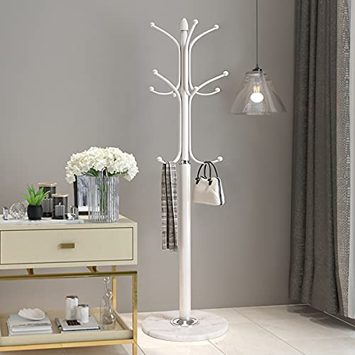 Kertnic Freestanding Coat Rack Stand, Heavy Duty Metal Hall Tree with 12 Hooks, 70 Inch Tall Stable Coat Hanger with 14.6" Natural Marble Base, Entryway Organizer for Coats Bags Hats Purses (White) - color: White