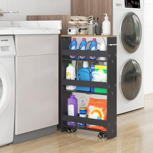 GIANTEX 4-Tier Rolling Slim Storage Cart, 5" Narrow Slide Out Kitchen Cart | Space-Saving Compact Mobile Utility Trolley with Handle & Open Shelves for Small Space, Laundry Room (Grey & Natural) - color: Grey & Natural, size: 5"W