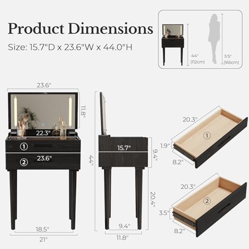 Solid Wood Small Vanity Desk with Mirror and Lights, Narrow Makeup Vanity for Small Space, Flip Top Vanity Side Table, 3 Color Modes & Adjustable Brightness, 23.6" Slim Dressing Table, Black - color: Black, size: 23.6" Wide