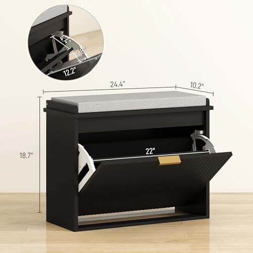 HOMCOM Narrow Shoe Bench with Padded Cushion 24.4x10.2x18.7 Inches Black | Shoe Storage Cabinet, Flip-Drawer, Adjustable Shelf, Small Entryway Bench, Holds up to 265lb - color: Black, size: 24.4" x 10.2" x 18.7"
