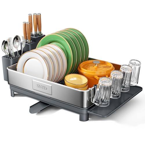 SNTD 304 Stainless Steel Dish Drying Rack for Small Kitchen Counter, Grey | Rustproof, Large Capacity, Heavy-Duty Frame, Rotating Spout, Angled Drainboard, Removable Cup & Utensil Holder - color: Gray