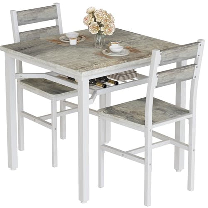 Hooseng 3 Piece Dining Table Set for 2, Small Wooden Kitchen Table with Storage, Farmhouse Square Dinette Set for Dining Room, Breakfast Nook, Apartment, Small Space - color: Grey