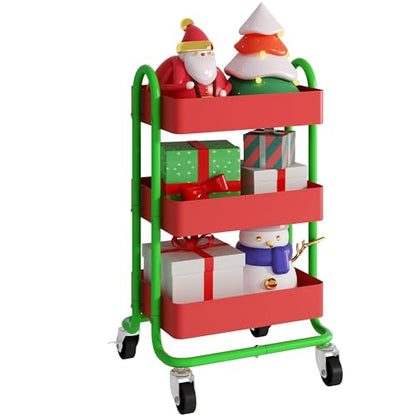 Metal Rolling Cart,3-Tier Metal Rolling Cart with Wheels,3 Tier Utility Cart with Wheels for Office,Home,Kitchen,Garden（13.4"x18.1"x31"） Red+Green - color: Red+green, size: 31"H