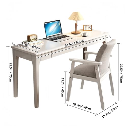 Solid Wood Narrow home office Desk with Drawers and chair for Small Spaces | Computer Table Rubberwood Frame, Ultra Slim Depth, Built-in Cable Hole, work desk for Bedroom & Entryway Apartment - color: White, size: 32*24IN