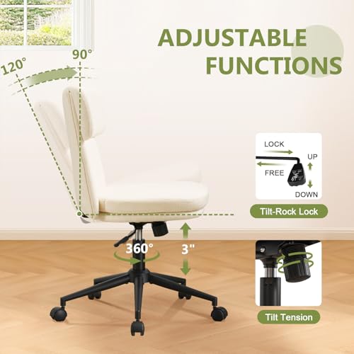 Armless Office Chair with Wheels, Luxury Chenille Swivel Desk Chair with Ergonomic Curved Full Back, Double-Layer Seat, Adjustable Modern Vanity Chair for Makeup, Home Office, Cream White - color: Cream White, size: Full Back