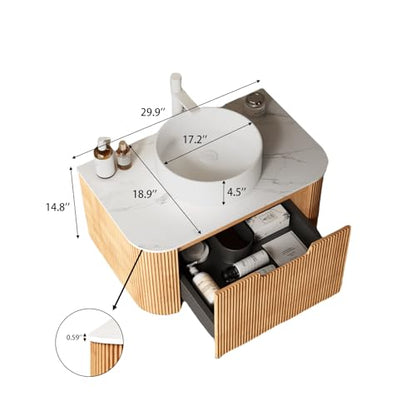 30” Floating Bathroom Vanity with Sink, Fluted Wall-Mounted Solid Wood Cabinet, White Ceramic Round Basin, Faux Marble Top, Soft-Close Drawer, Pre-Assembled, Natural Woodgrain - color: 02 - Natural Woodgrain, size: 30"