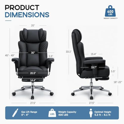 Office Desk Chair, High-Back Big and Tall Leather Chair with Footrest | Ergonomic Reclining Computer Chairs, Comfy Executive Wide Chair with Lumbar Support (Black) - color: Black