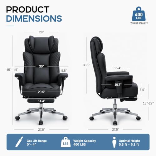 Office Desk Chair, High-Back Big and Tall Leather Chair with Footrest | Ergonomic Reclining Computer Chairs, Comfy Executive Wide Chair with Lumbar Support (Black) - color: Black