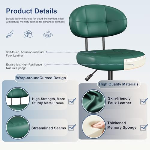 Misolant Vanity Chair with back, Small Armless Cute office Chair with wheels and Lumbar support, Comfy PU Leather Desk Computer Chairs with Adjustable Height, 360°Swivel for Home Bedroom Office, Green - color: Green