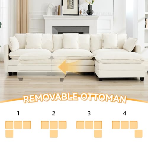 111'' Sectional Cloud Deep Seat Couch, Modern Comfy Chenille L Shaped Sectional Sofa for Living Room Set, Upholstered Modular 4-Seats Sofa Couch with Movable Ottoman, Beige - color: Beige, size: 111'' L Shape