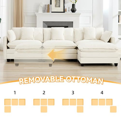 111'' Sectional Cloud Deep Seat Couch, Modern Comfy Chenille L Shaped Sectional Sofa for Living Room Set, Upholstered Modular 4-Seats Sofa Couch with Movable Ottoman, Beige - color: Beige, size: 111'' L Shape