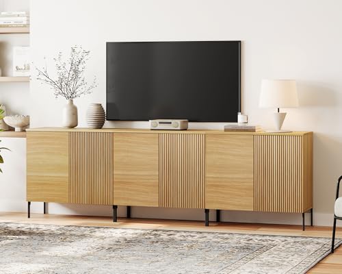 WAMPAT 3 in 1 Modern TV Stand TVs up to 100 inches,Fluted 94.5" W Entertainment Center with 6 Doors Storage and Adjustable Shelves, Wood Media TV Consoles Table with Storage for Living Room, Oak - color: Oak, size: 94.5" W