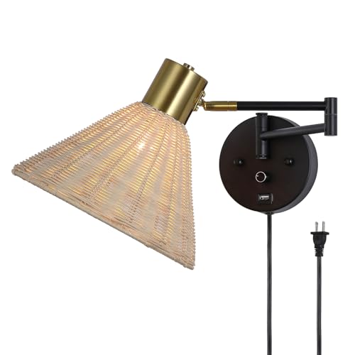 Plug in Rattan Wall Sconce Swing Arm Wall Lamp with USB Port and Dimmer Switch Hand-Woven Boho Rattan Wall Mounted Lamp Suitable for Hallway Bedroom Living Room.Balck - color: Black+Rattan Shade