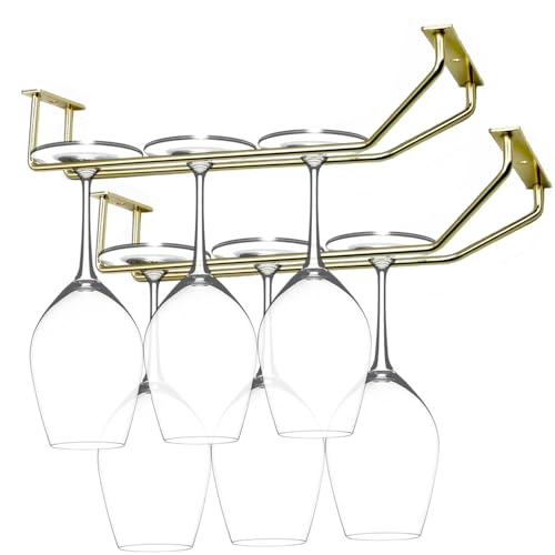 10.8 Inch Gold Wine Glass Rack, Under Cabinet Wine Glass Holder, Wine Glass Hangers Under Shelf, Stemware Rack, Hanging Stemware Holder for Cabinet Kitchen Bar, Set of 2 - color: Gold, size: 10.8 Inch 2 Pack