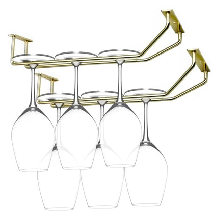 10.8 Inch Gold Wine Glass Rack, Under Cabinet Wine Glass Holder, Wine Glass Hangers Under Shelf, Stemware Rack, Hanging Stemware Holder for Cabinet Kitchen Bar, Set of 2 - color: Gold, size: 10.8 Inch 2 Pack