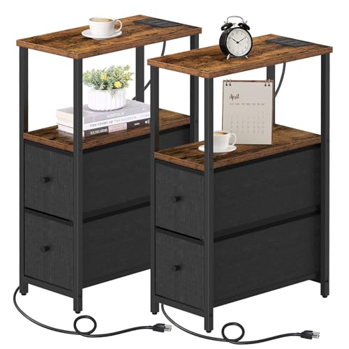 TUTOTAK Narrow End Table with Charging Station, Skinny Side Table | Bedside Table with Outlets, Nightstand with 2 Cloth Drawers, Couch Table for Living Room, Bedroom, Brown and Black TB01BB055K - color: Brown and Black, style: 2 Drawers & Plug