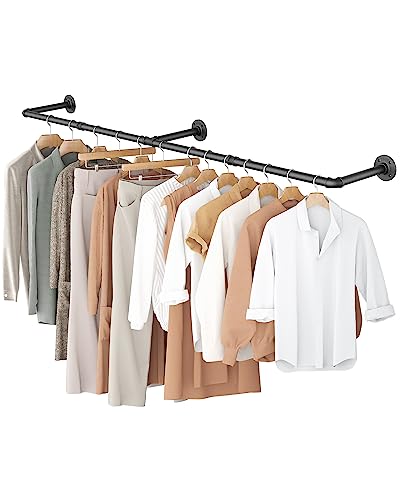 OROPY 65.7" Heavy Duty Industrial Pipe Clothes Rack for Hanging Clothes | Wall Mounted Clothes Bar, Space Saving Iron Garment Rack, Multi-Purpose Hanging Rod for Bedroom, Closet, Black, 3 Base