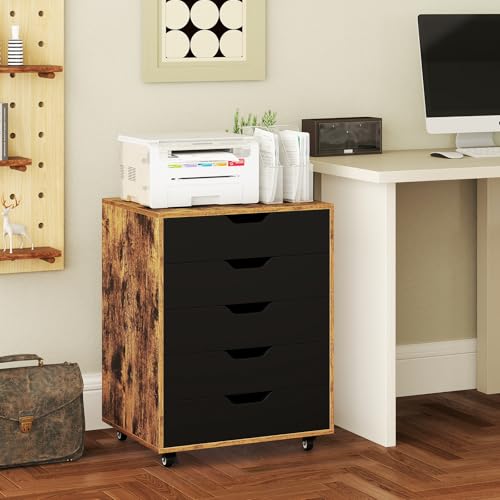 MAT EXPERT 5-Drawer Dresser, Mobile File Cabinet on Wheels, Wood Rolling Storage Drawers Under Desk, Chest of Drawers Home Room Organizer Furniture, Storage Cabinet for Study Office (Coffee) - color: Coffee