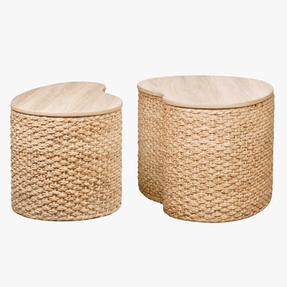 Cloud Nesting Coffee Table Set of 2 with Storage - Handwoven Wicker Rattan Ottoman Style, Boho Coastal Coffee Tables for Living Room, Rattan Coffee Table with Cover & Soild Wood Frame - color: Light Natural - Heart Shape