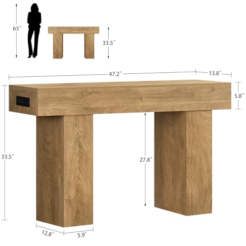 47.2" Entryway Table, Console Table with Charging Station and Adjustable LED light, Farmhouse Wood Sofa Table, Behind the Couch Table, Narrow Console Table, Entry Table for Hallway, Living Room - color: Natural, size: 47.2 IN