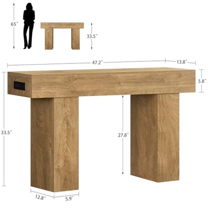 47.2" Entryway Table, Console Table with Charging Station and Adjustable LED light, Farmhouse Wood Sofa Table, Behind the Couch Table, Narrow Console Table, Entry Table for Hallway, Living Room - color: Natural, size: 47.2 IN