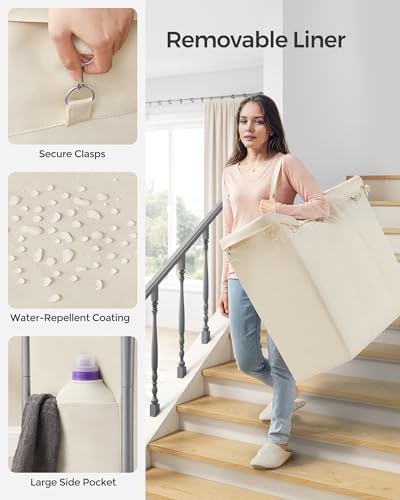SONGMICS Laundry Basket with Wheels, 3-Section Rolling Laundry Hamper, 52.8 Gallons (200 L), Removable Liner, Steel Frame with Handle, 35.8 x 15.4 x 31.9 Inches, Cream White URLS005W01 - color: Cream White, size: 200 L (3-Section)