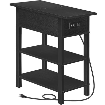 HOOBRO End Table with Charging Station, Flip Top Side Table with USB Ports, Narrow Nightstand Bedside Tables with Storage Shelves, for Small Space, Living Room, Black BK141UBZ01 - color: Black