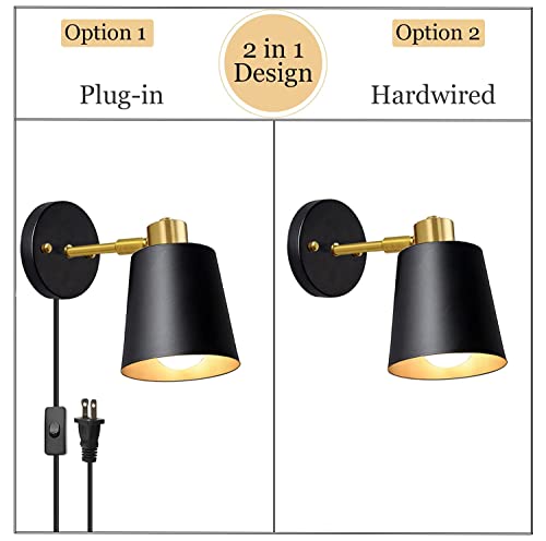 Plug in Wall Sconces, Rotatable Angle Black Wall Lamp with Plug in Cord Metal Vintage Industrial Wall Mounted Light Reading Light for Bedroom Bedside Doorway(2 Pack) - color: Black